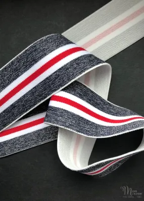 40mm Wide Elastic - Navy, Red   White Stripe