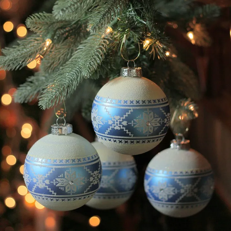 4" Blue and White Nordic Fair Isle Glass Ball Christmas Ornaments Set of 4