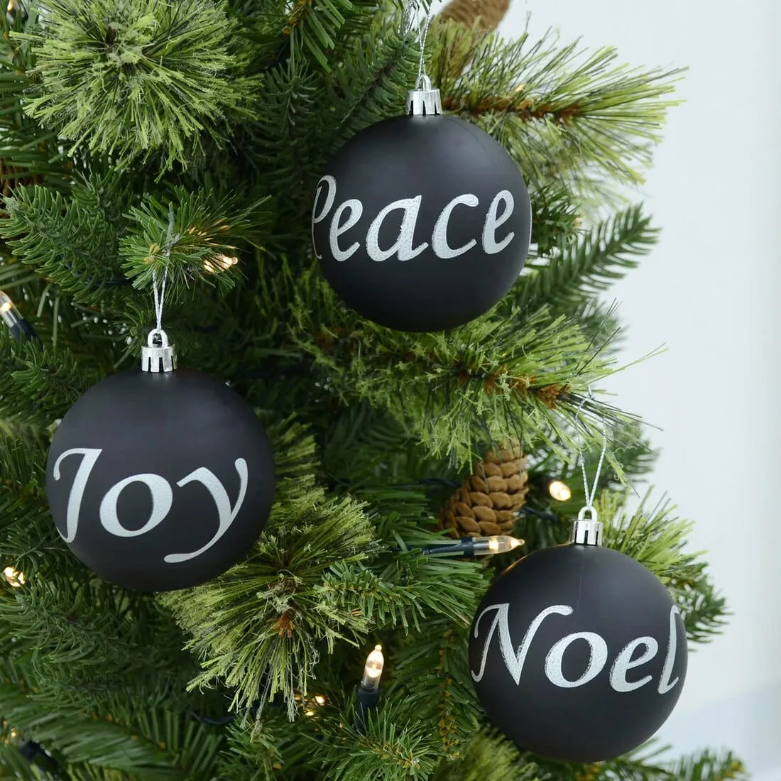 6pk Joy Peace Noel Christmas Tree Baubles Black or Red 8cm