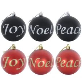 6pk Joy Peace Noel Christmas Tree Baubles Black or Red 8cm