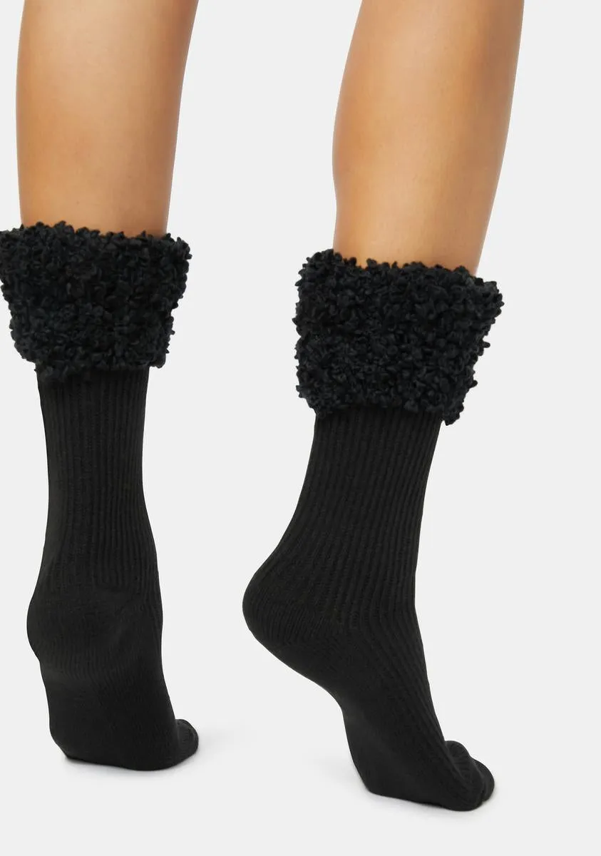 Black Elegant Ribbed Cuff Crew Socks