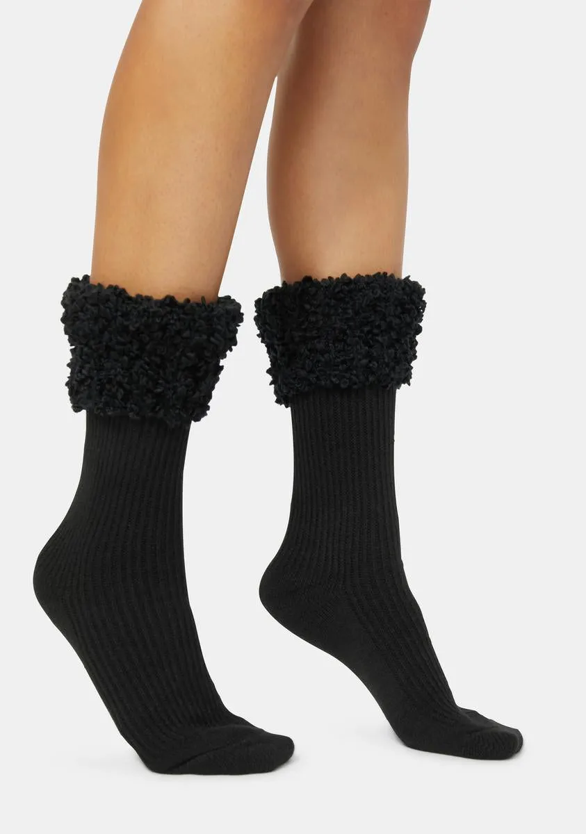 Black Elegant Ribbed Cuff Crew Socks