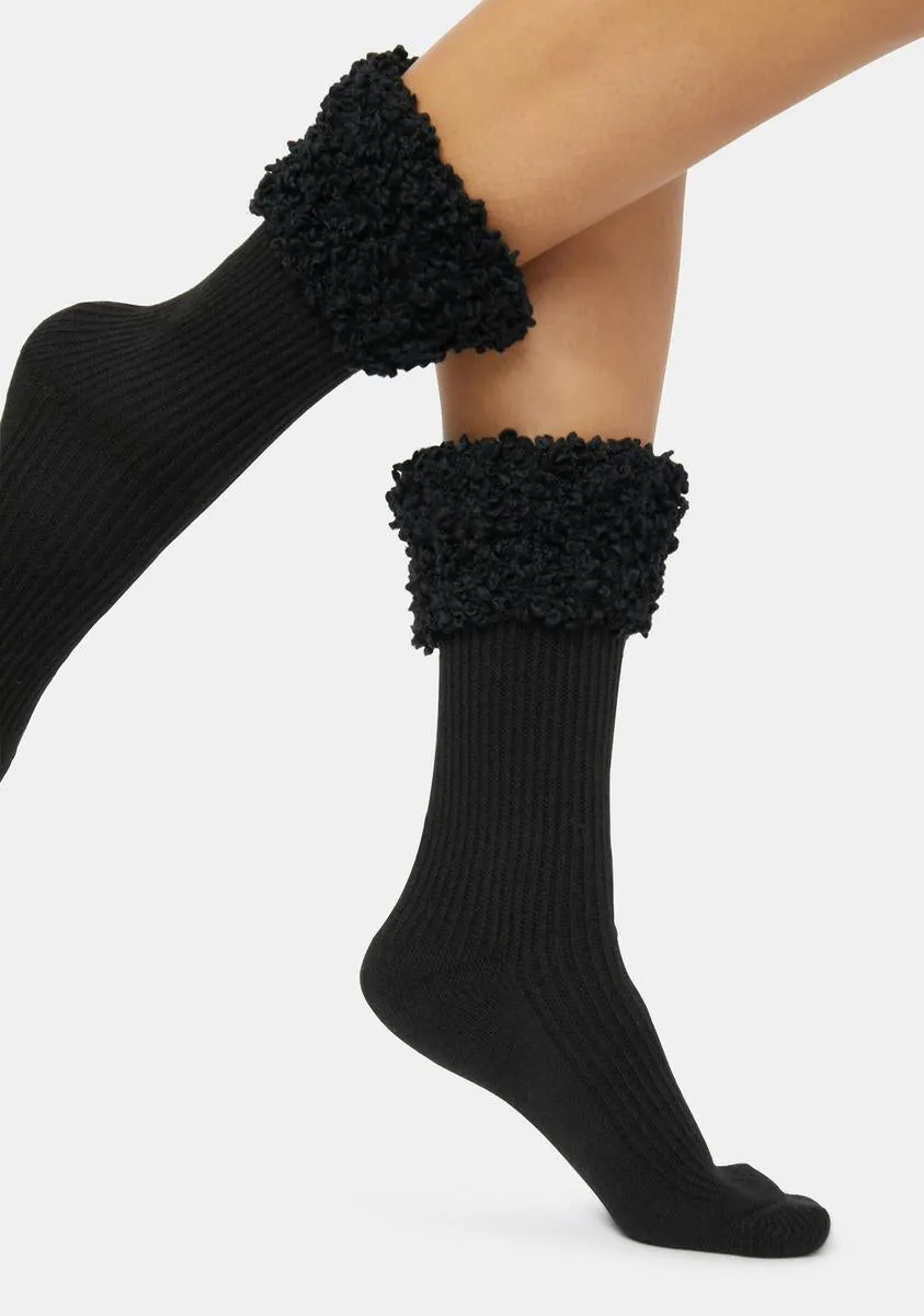 Black Elegant Ribbed Cuff Crew Socks