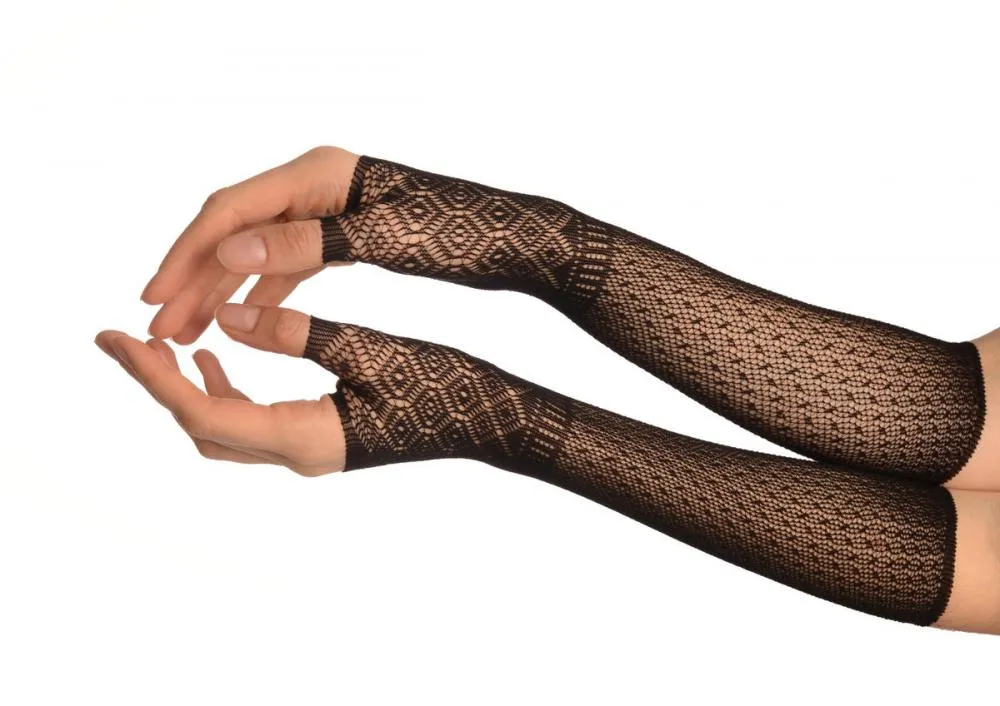 Black Stretchy Crochet Lace Fingerless Evening Gloves