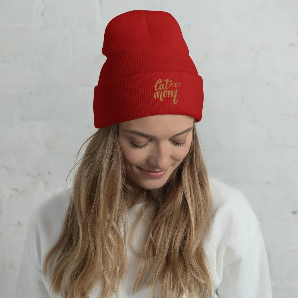 Cat Mom embroidered cuffed beanie, lioness-love