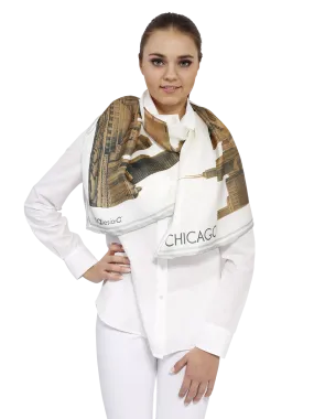 CHICAGO Skyline Art 100% Silk Stole Scarf in Gold White