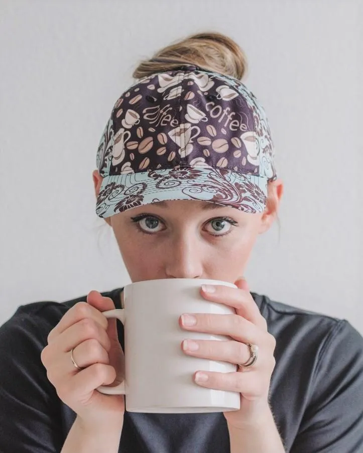 Coffee Floral Messy Bun Ponytail Hat