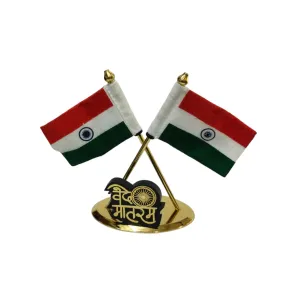 Double Indian Flags Crossed with Vande matram Logo Made with Brass with Khadi Fabric for Car Dashboard, Gifts, Home, Office