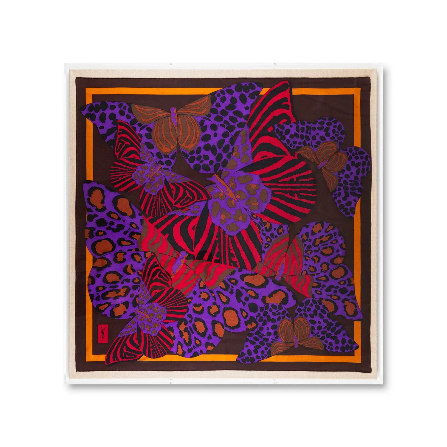 Framed Yves Saint Laurent Butterflies on Brown Silk Scarf in a 36x36x2" Shadowbox