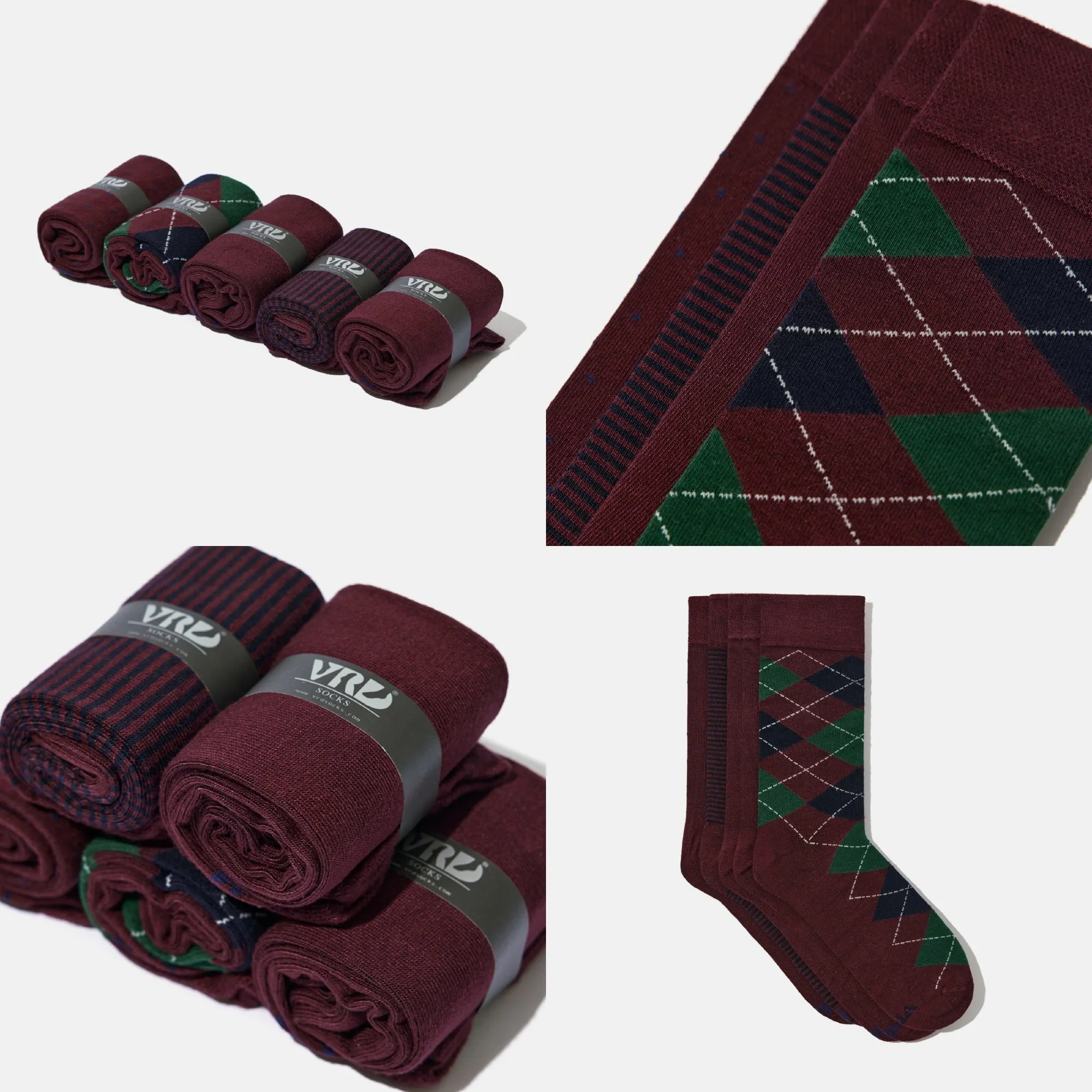 Men's Bamboo Dress Socks • Pattern Pack of 5 Pairs • Burgundy