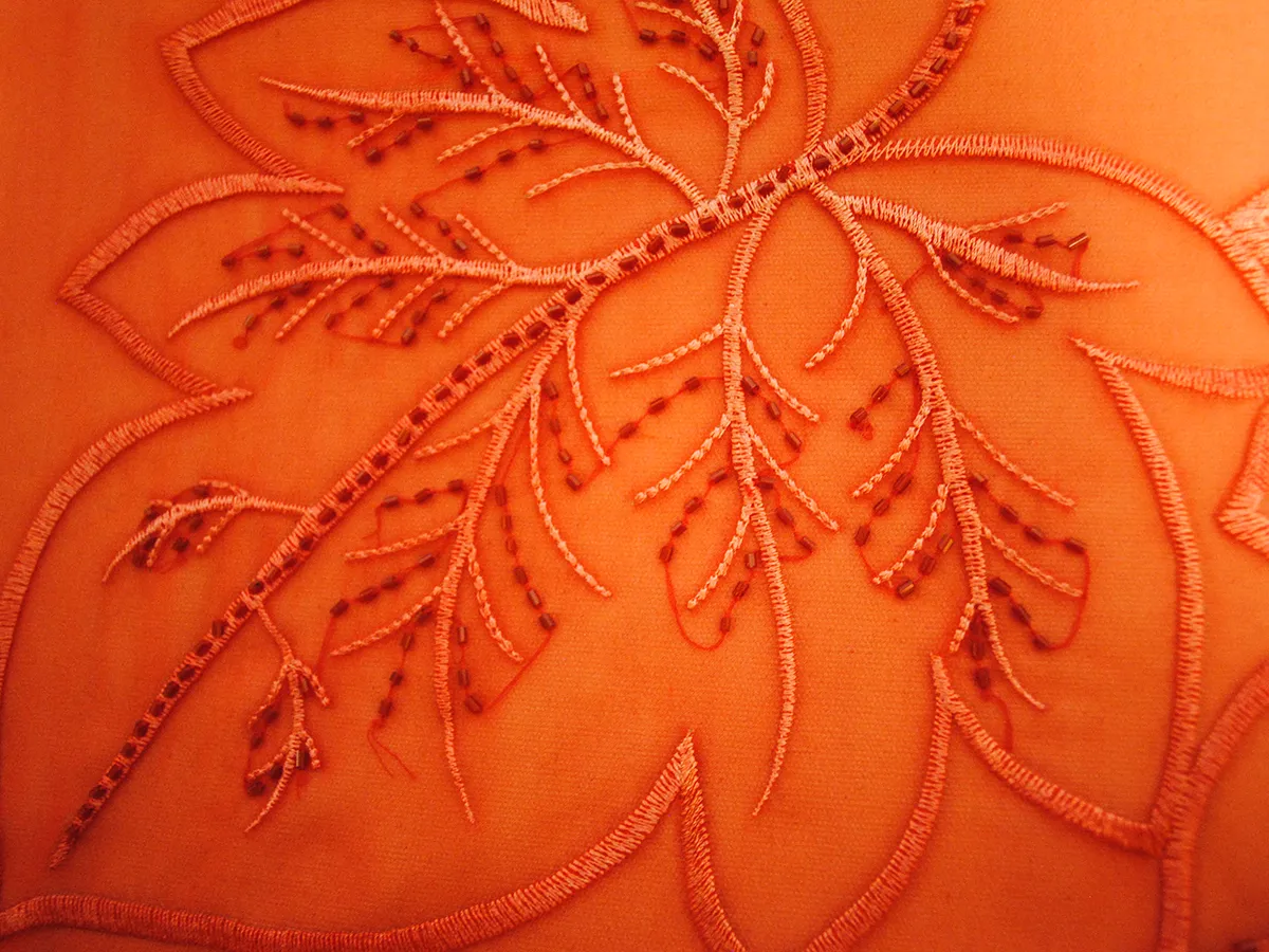 OMBRE LEAVES Embroidered Designer 100% Silk Long Scarf in Red White