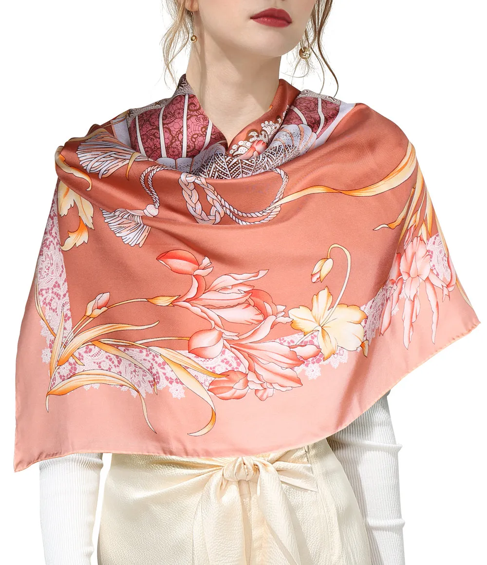 Oscar Rossa 100% Silk Scarf with Hand-Rolled Edges, approximate 34"x34" to 35"x35" Large Square Printed Mulberry Silk Twill Scarf