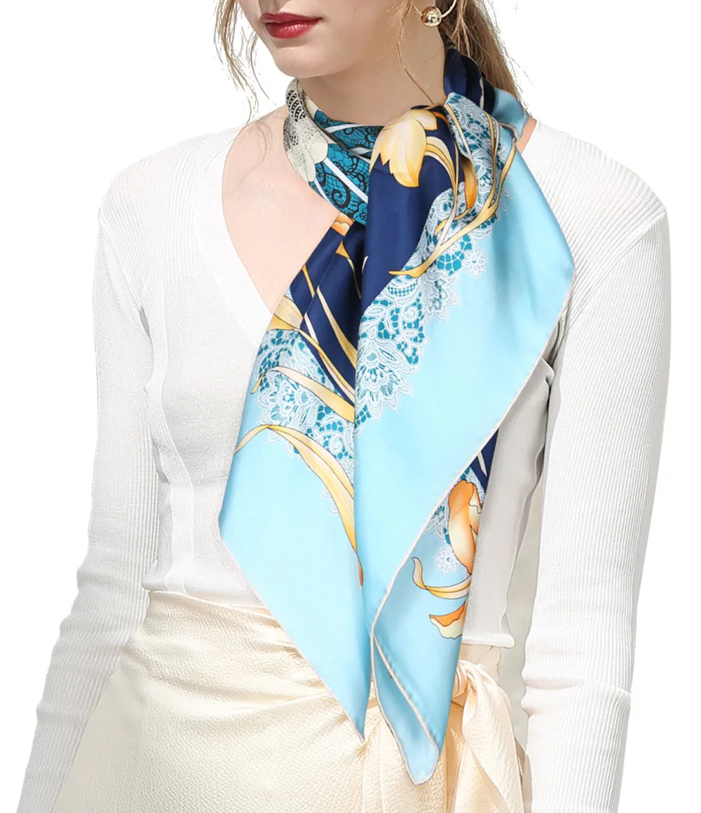 Oscar Rossa 100% Silk Scarf with Hand-Rolled Edges, approximate 34"x34" to 35"x35" Large Square Printed Mulberry Silk Twill Scarf