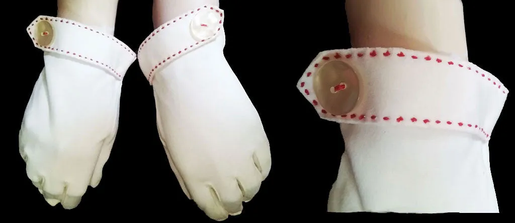 VINTAGE '50s / '60s WHITE COTTON GLOVES WITH RED TOP STITCHING & BUTTON ACCENT