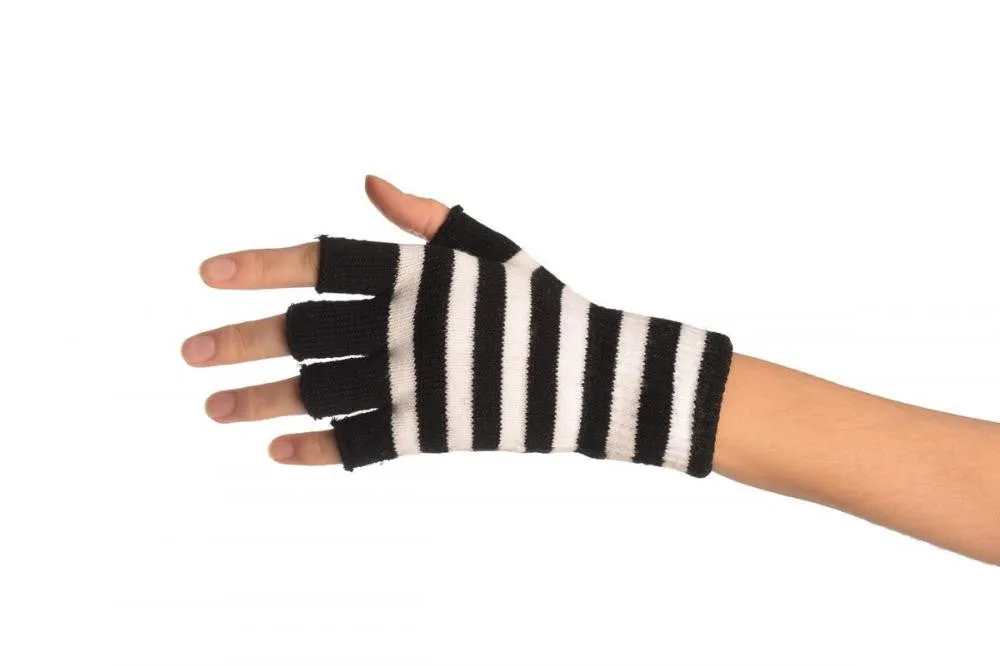 White & Black Stripes Short Fingerless Gloves