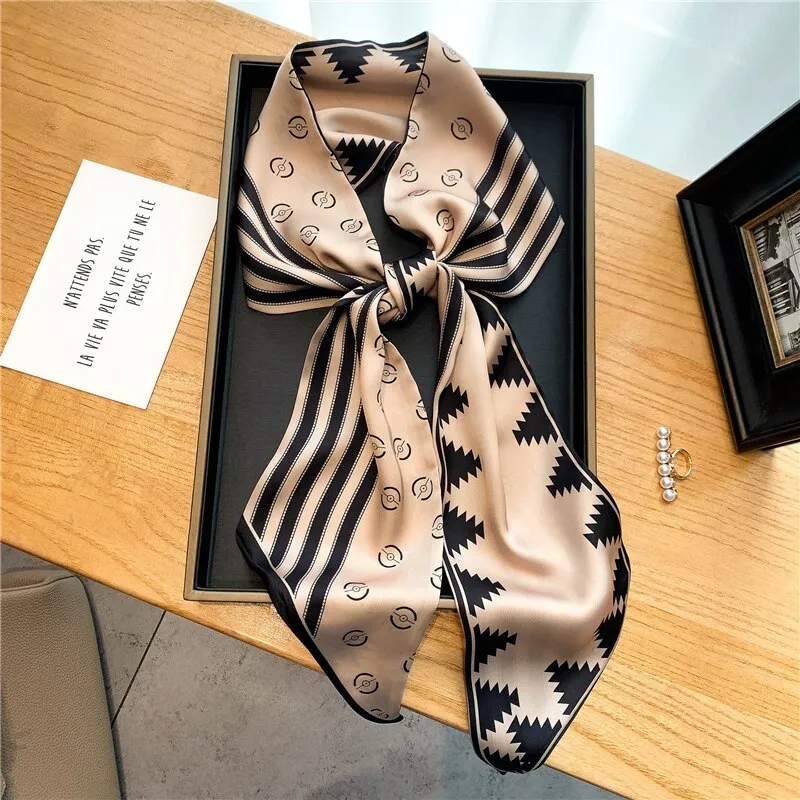 Women Silk Skinny Scarf Luxury Hair Bands Scrunchies Ribbon Lady Wrap Headband Neck Tie Foulard Female Bandana