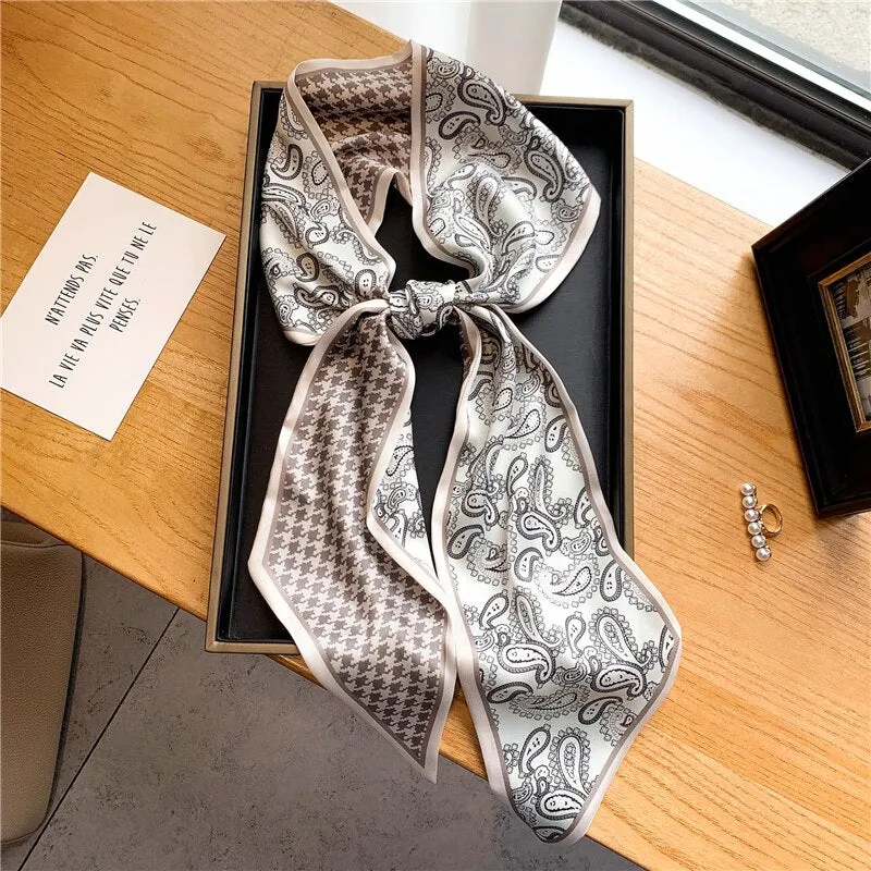 Women Silk Skinny Scarf Luxury Hair Bands Scrunchies Ribbon Lady Wrap Headband Neck Tie Foulard Female Bandana