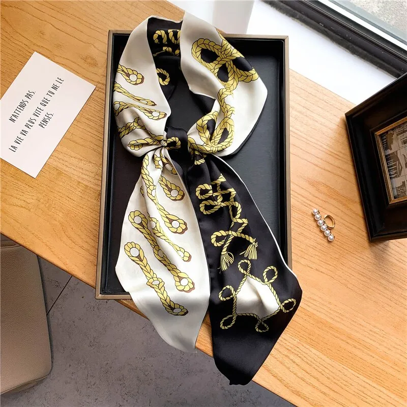 Women Silk Skinny Scarf Luxury Hair Bands Scrunchies Ribbon Lady Wrap Headband Neck Tie Foulard Female Bandana