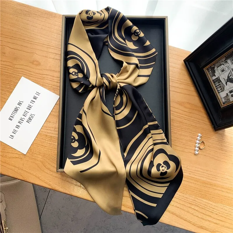 Women Silk Skinny Scarf Luxury Hair Bands Scrunchies Ribbon Lady Wrap Headband Neck Tie Foulard Female Bandana