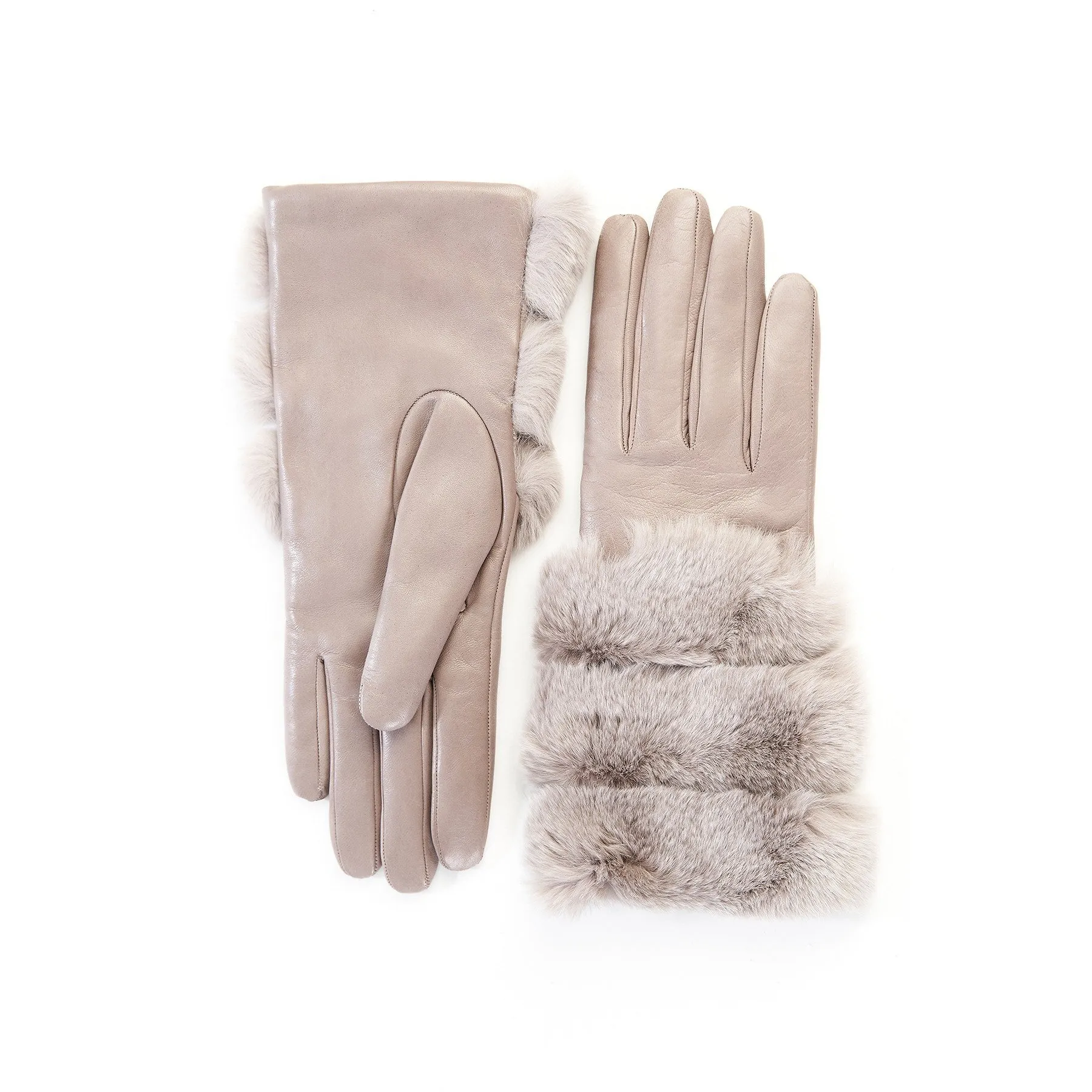 Women's taupe nappa leather gloves with natural fur